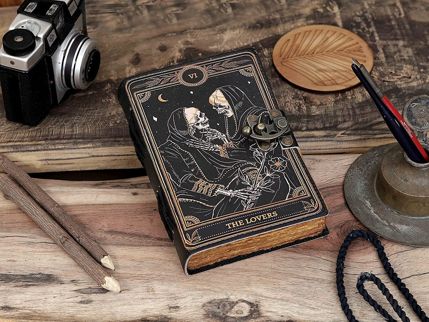 Hocus Pocus Handmade Book of Spells Of Shadows Leather Journal Deckle Edge Paper Grimoire Printed Journal The Lovers Tarot Notebook Spiral Gothic Notebook Skull lover Antique Vintage Leather Journals with antique C lock for Men and Women
