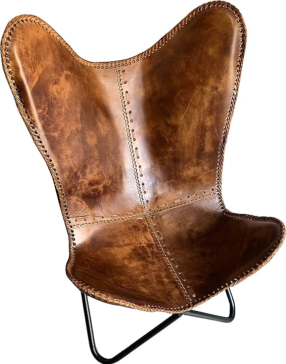 Brown Vintage Leather Arm Folding Chair/Genuine Antique Leather Butterfly Chair Home Décor/Handmade Chair (with Fold-able Stand) - Camping-Hiking-Chairs