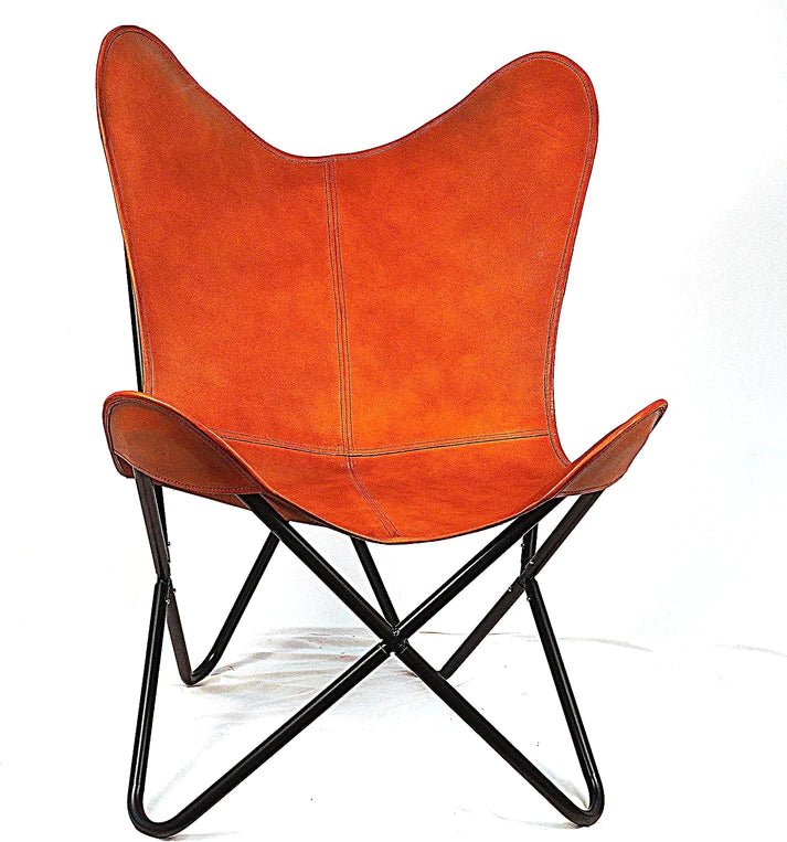 Leather Butterfly Arm Chair for Living Room Furniture - Mid Century Modern Accent Home Decor Lounge Chairs (Tan Cover with Black Folding Frame)