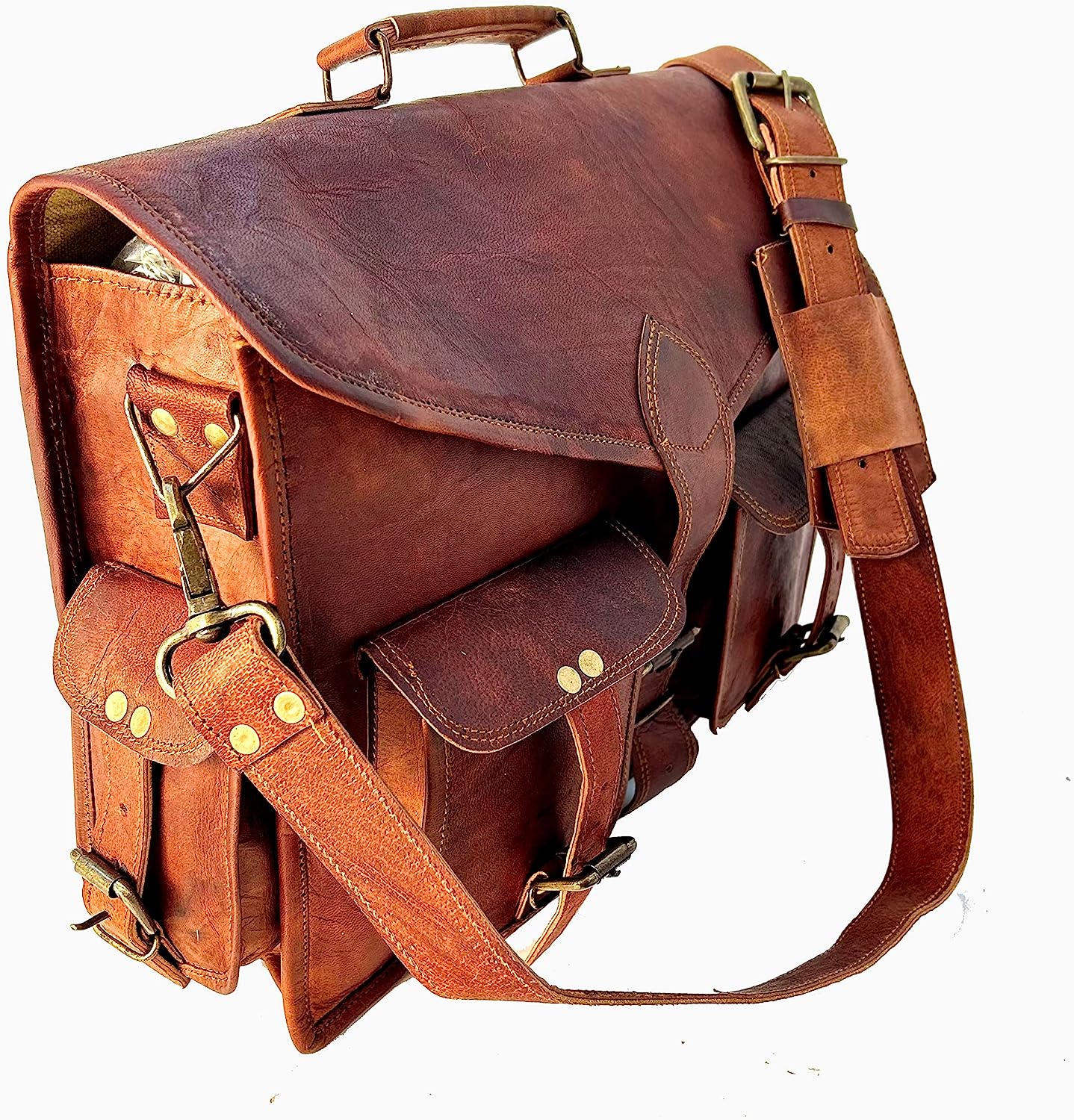 15 inch Vintage Leather Messenger Satchel Bag | Briefcase Laptop Messenger Bag (Dark Brown)