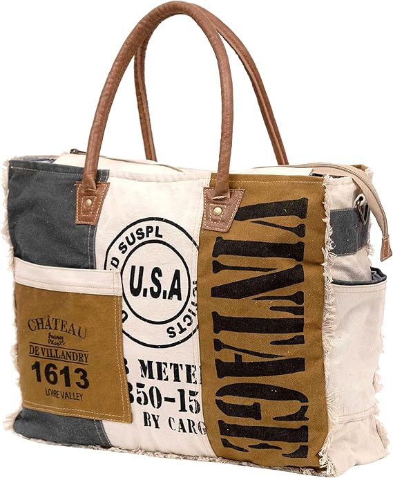 SEL de MER Upcycled Large Upcycled Canvas Crossbody Bag & Cowhide Tote Bag, Upcycled Canvas & Cowhide Leather Handbag Bag for Women