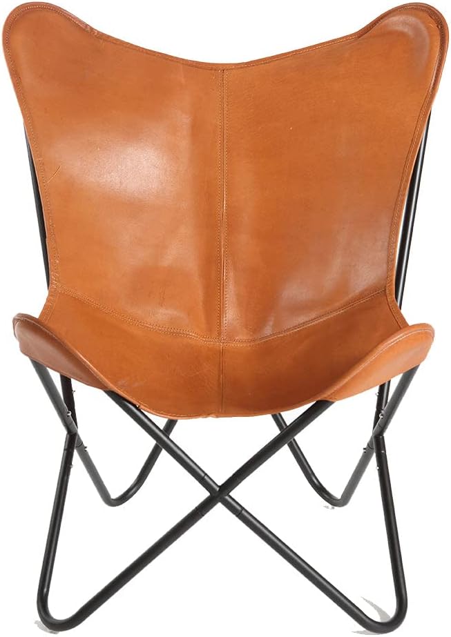 Brown Vintage Leather Arm Butterfly Chair Handmade with Powder Coated Folding Iron Frame