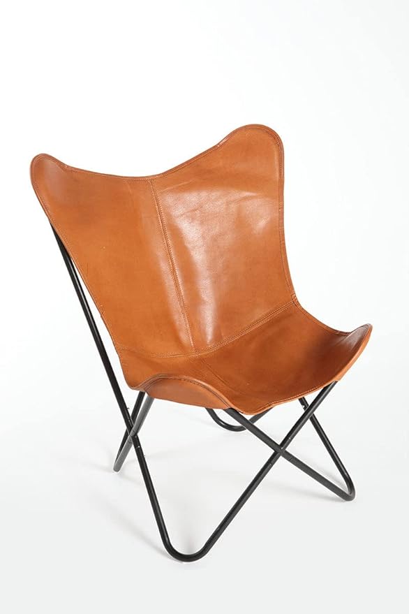 Brown Vintage Leather Arm Butterfly Chair Handmade with Powder Coated Folding Iron Frame