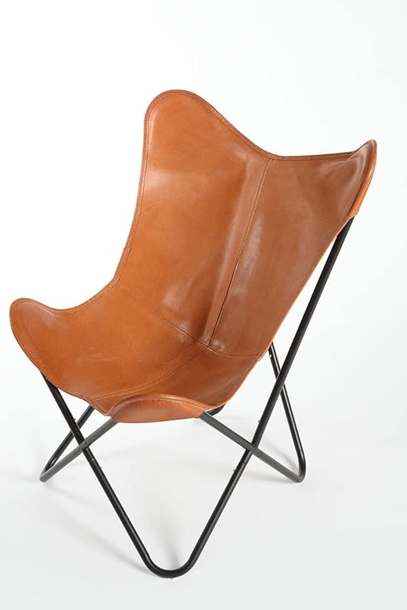 Brown Vintage Leather Arm Butterfly Chair Handmade with Powder Coated Folding Iron Frame