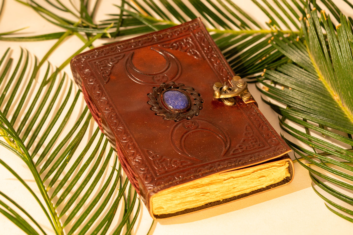 Moon Blue Lapiz Gemstone Studded Vintage Writing Handmade Leather Notebook Journal Unlined Antique Handmade Deckle Edge Vintage Paper, Leather Sketchbook, Drawing Journal, Great Gift Clasp Office Product 5x7