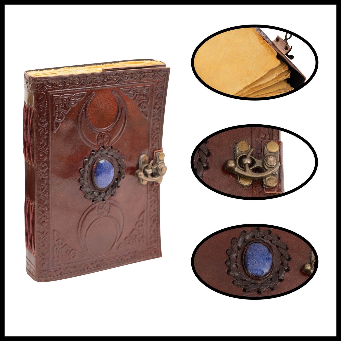 Moon Blue Lapiz Gemstone Studded Vintage Writing Handmade Leather Notebook Journal Unlined Antique Handmade Deckle Edge Vintage Paper, Leather Sketchbook, Drawing Journal, Great Gift Clasp Office Product 5x7