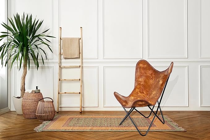 Classy Handmade Leather Living Room Chairs-Butterfly Chair Tan Side Hand Stitch Leather Butterfly Chair-Handmade with Powder Coated Folding Iron Frame (Cover with Folding Frame)