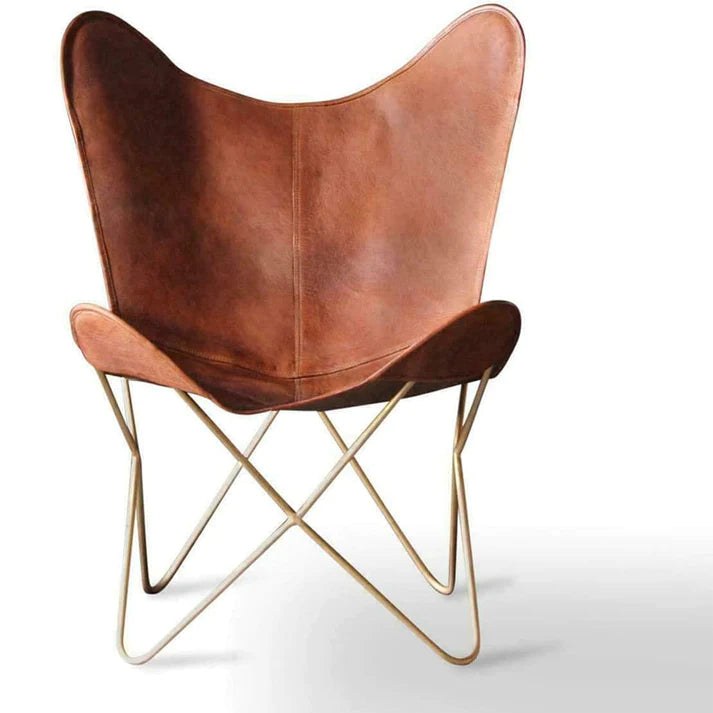 Leather Living Room Chairs-Butterfly Chair Brown Leather Butterfly Chair-Handmade with Powder Coated Folding Iron Frame