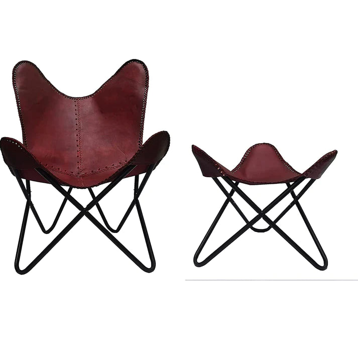 Handmade Leather Arm Chair Cover with Iron Stand and Leather Stool Leather Butterfly Chair Home Decor Rich Brown