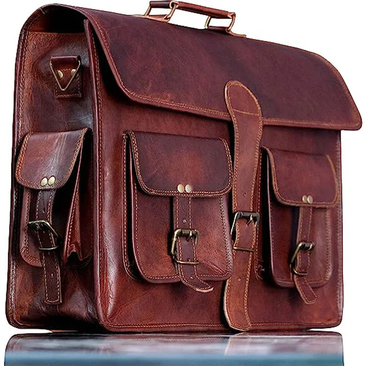 15 INCH Vintage Handmade Leather Travel Messenger Office Crossbody Bag Laptop Briefcase Computer College Satchel Bag For Men And Women