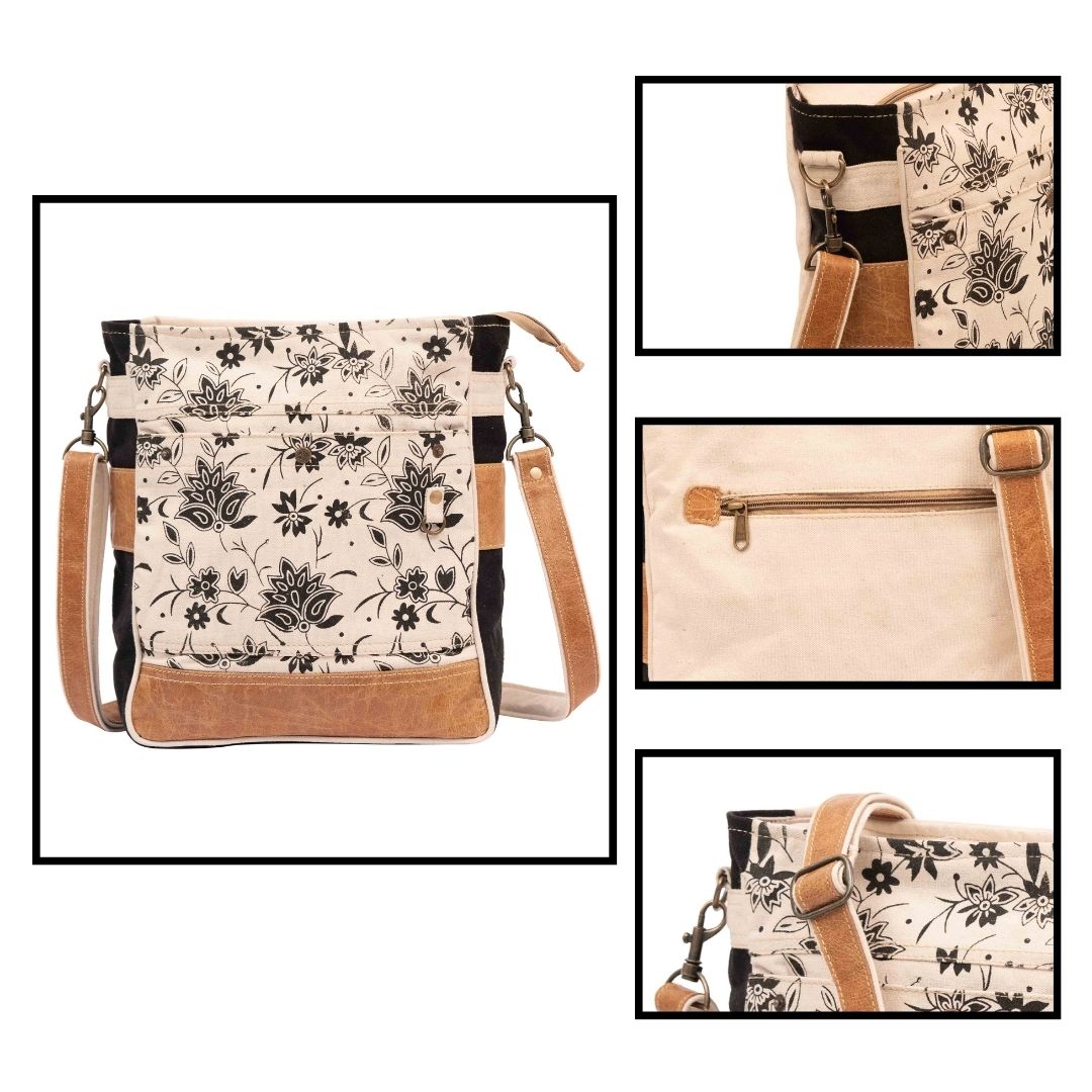 Bags SEL de MER Upcycled Blossom Print Canvas & Leather Shoulder Bag, Canvas Crossbody Bags for Women