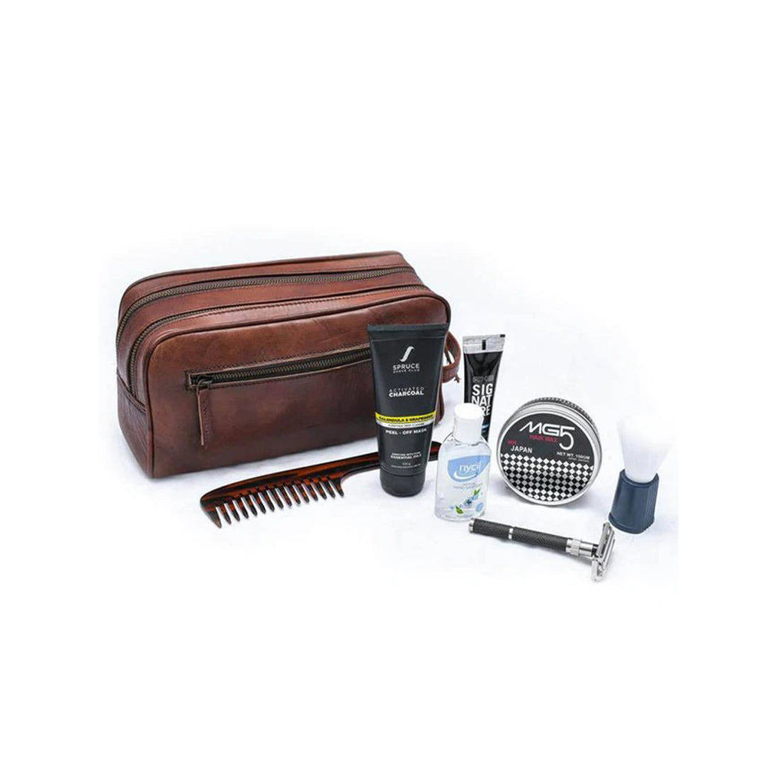 Dual Chamber Grooming Travel Bag - Dark Brown, Shaving Kit, Unisex Toiletry Bag