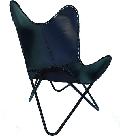 Leather Butterfly Arm Chair for Living Room Furniture - Mid Century Modern Accent Home Decor Lounge Chairs (Blue Cover with Golden Folding Frame)