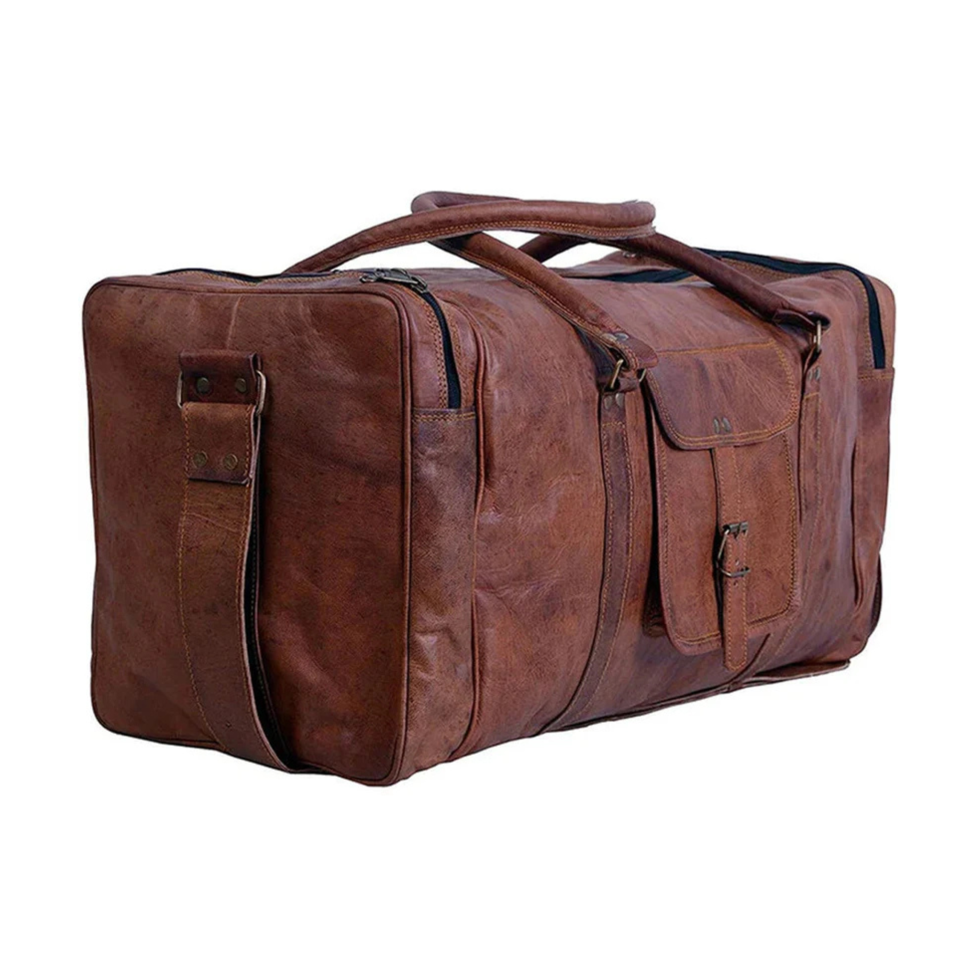Brown leather duffel bag on a white background