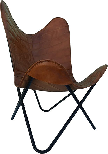 Leather Living Room Chairs-Butterfly Chair Retro Vintage Industrial Leather Brown Ribbed Seat Black Base with Padded Tan Brown Chair