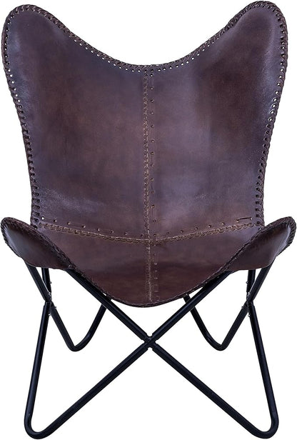 Leather Butterfly Chair - Genuine Leather I Handmade, Accent Arm Chair Iron Frame I Lounge Chair I Comfortable Recliner I Hand-Stitching Industrial Effect