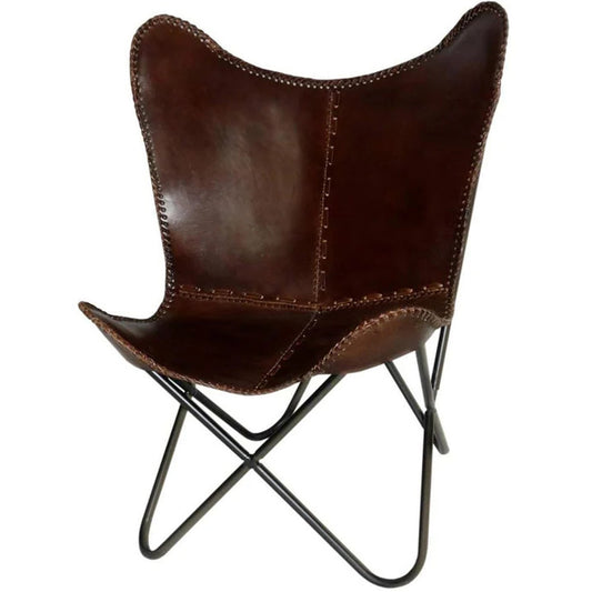 Leather Butterfly Chair - Genuine Leather I Handmade, Accent Arm Chair Iron Frame I Lounge Chair I Comfortable Recliner I Hand-Stitching Industrial Effect