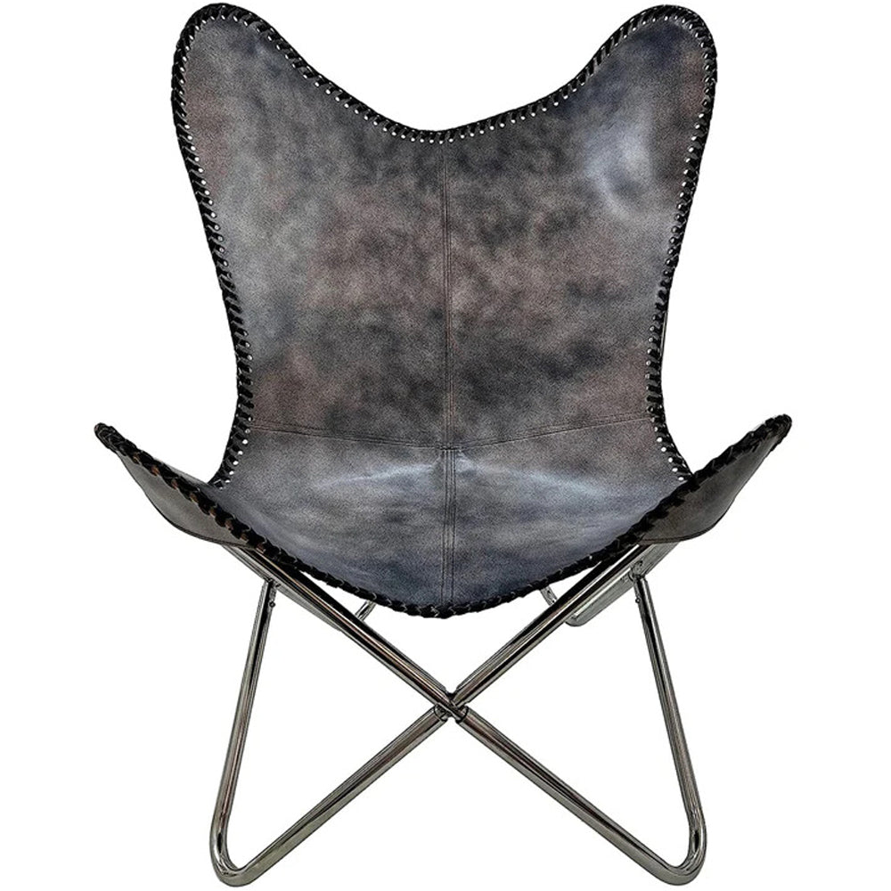 Leather Butterfly Patio Chair for Living Room Furniture - Accent Home Decor Lounge Chairs (Antique Cover with Silver Folding Frame)