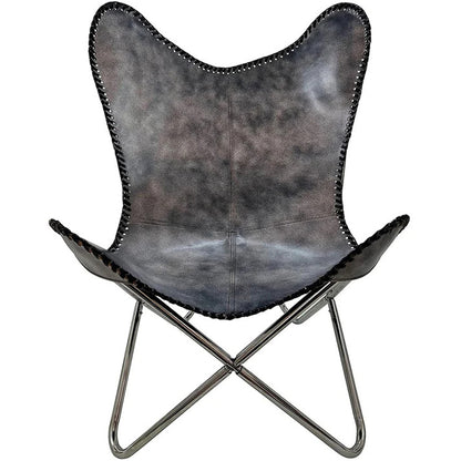 Leather Butterfly Patio Chair for Living Room Furniture - Accent Home Decor Lounge Chairs (Antique Cover with Silver Folding Frame)