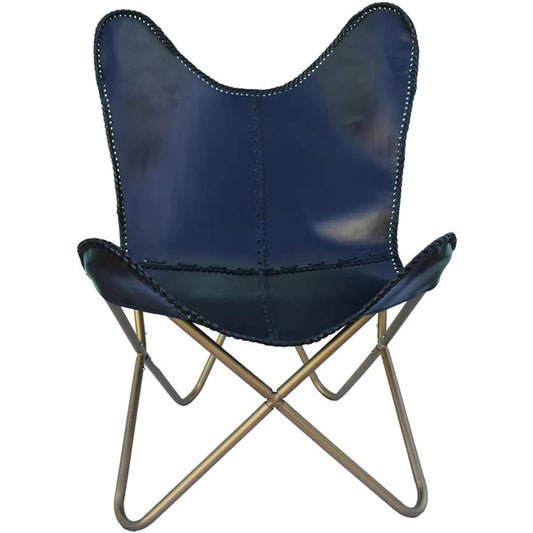 Leather Butterfly Arm Chair for Living Room Furniture - Mid Century Modern Accent Home Décor Lounge Chairs (Blue Cover with Golden Folding Frame)