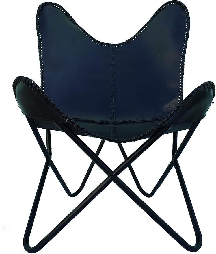 Leather Butterfly Arm Chair for Living Room Furniture - Mid Century Modern Accent Home Decor Lounge Chairs (Blue Cover with Golden Folding Frame)