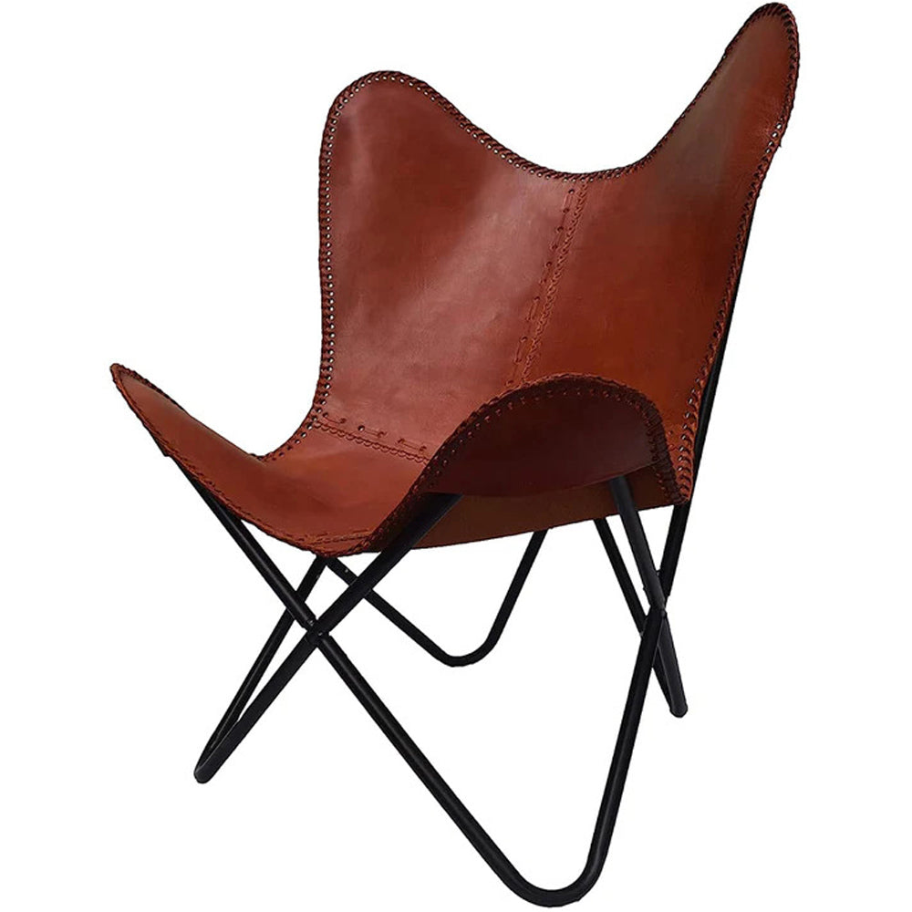 Leather Butterfly Chair-Handmade with Powder Coated Folding Iron Frame (Cover with Folding Frame) (Black Frame) (TAN)