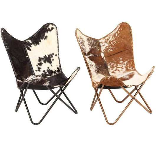 Home Decor Genuine Goat Leather Butterfly Arm Chair with Black/Brown White Hair on Cover (White and Brown with Ross Gold)