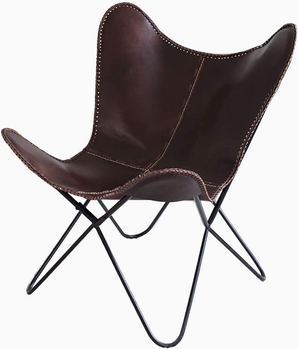 Leather Butterfly Chair - Genuine Leather I Handmade, Accent Arm Chair Iron Frame I Lounge Chair I Comfortable Recliner I Hand-Stitching Industrial Effect