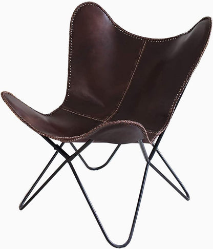 Leather Butterfly Chair - Genuine Leather I Handmade, Accent Arm Chair Iron Frame I Lounge Chair I Comfortable Recliner I Hand-Stitching Industrial Effect