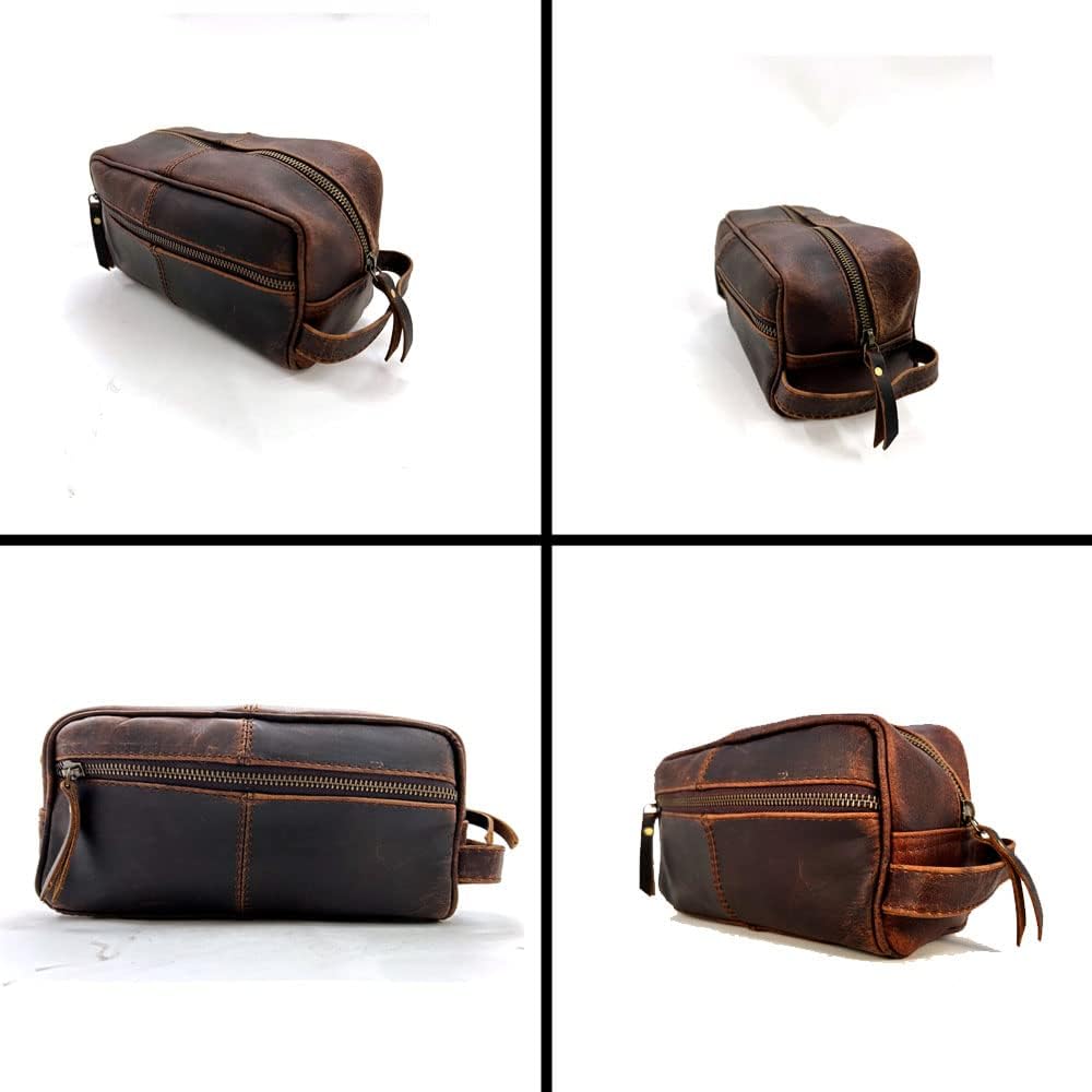 Genuine Buffalo Leather Unisex Toiletry Bag Travel Dopp Kit Grooming and Shaving Kit ~ for Men Women ~ Cosmetic Pouch ~ Bathroom Makeup Case