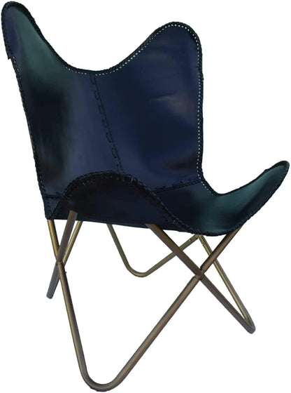 Leather Butterfly Arm Chair for Living Room Furniture - Mid Century Modern Accent Home Décor Lounge Chairs (Blue Cover with Golden Folding Frame)