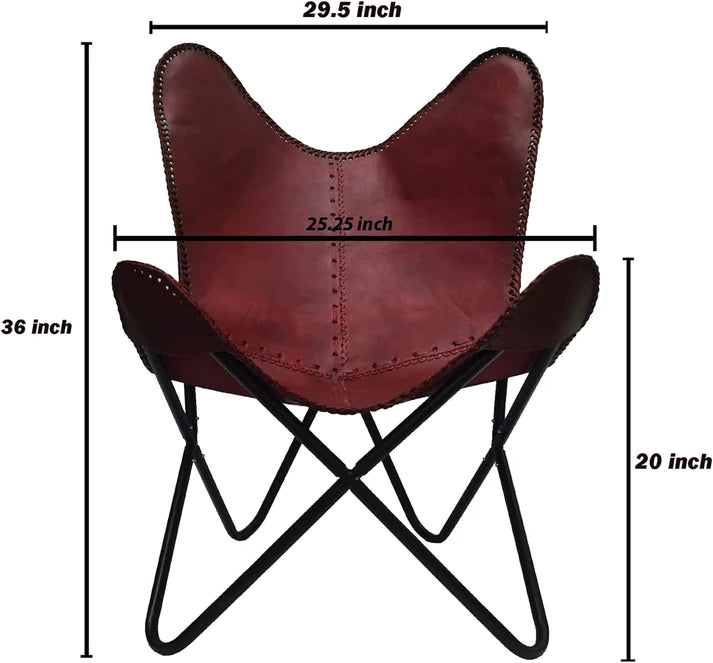 Handmade Leather Arm Chair Cover with Iron Stand and Leather Stool Leather Butterfly Chair Home Decor Rich Brown