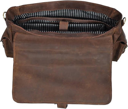 RAJERIYA | Retro Buffalo Hunter Leather Messenger Bag 16 Inch – Laptop Briefcase for Office & College (Fits up to 15.6 Inch) Dark Coffee