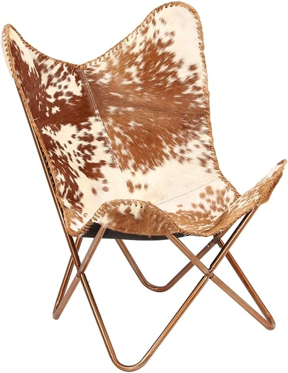 Home Decor Genuine Goat Leather Butterfly Arm Chair with Black/Brown White Hair on Cover (White and Brown with Ross Gold)