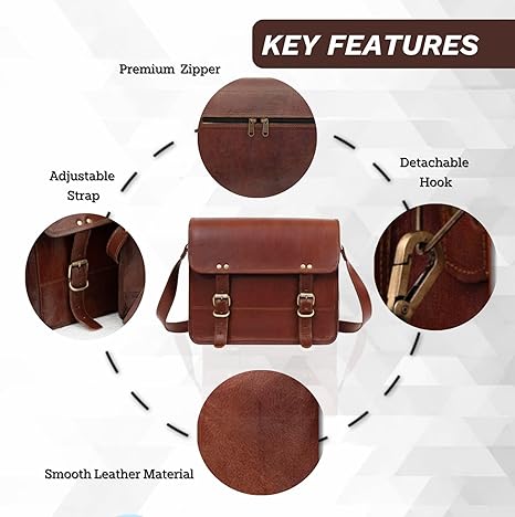 Rajeriya Leather Messenger Bag 10 Inch Vintage Satchel Crossbody for Men & Women, Compact Office & Travel Shoulder Bag, Brown