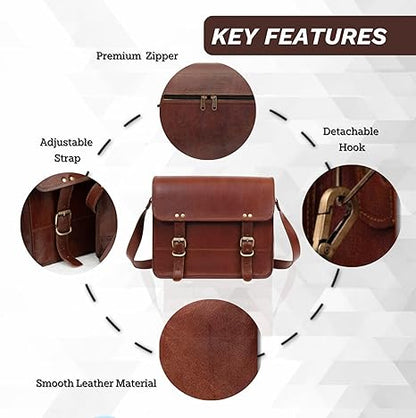 Rajeriya Leather Messenger Bag 10 Inch Vintage Satchel Crossbody for Men & Women, Compact Office & Travel Shoulder Bag, Brown