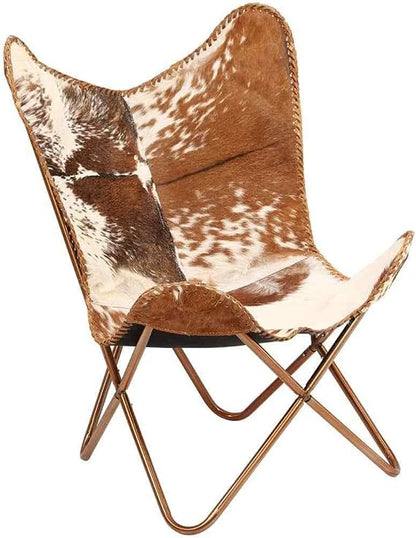 Home Decor Genuine Goat Leather Butterfly Arm Chair with Black/Brown White Hair on Cover (White and Brown with Ross Gold)