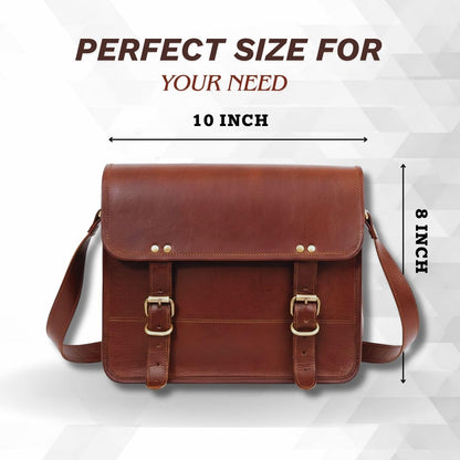 Rajeriya Leather Messenger Bag 10 Inch Vintage Satchel Crossbody for Men & Women, Compact Office & Travel Shoulder Bag, Brown
