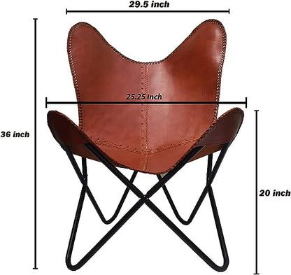 Leather Butterfly Chair-Handmade with Powder Coated Folding Iron Frame (Cover with Folding Frame) (Black Frame) (TAN)