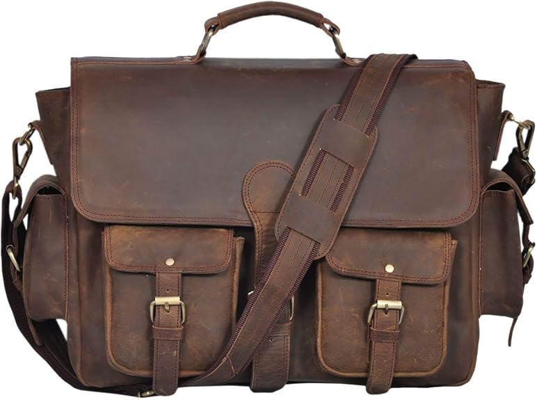 RAJERIYA | Retro Buffalo Hunter Leather Messenger Bag 16 Inch – Laptop Briefcase for Office & College (Fits up to 15.6 Inch) Dark Coffee