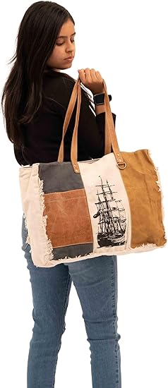 Bags SEL de MER Large Shoulder Bag & Cowhide Tote, Upcycled Canvas & Cowhide Leather Handbag Bag for Women