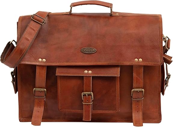 Rajeriya Vintage Leather Laptop Bag for Men, Full Grain 18 Inch Large Messenger Bag, Rustic Leather Briefcase for Office & Travel, Brown
