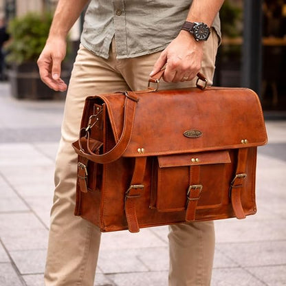 Rajeriya Vintage Leather Laptop Bag for Men, Full Grain 18 Inch Large Messenger Bag, Rustic Leather Briefcase for Office & Travel, Brown