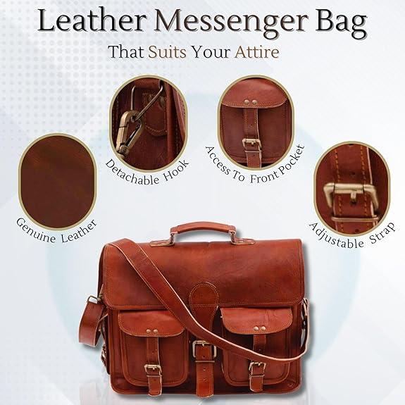 RAJERIYA | Distressed Leather Messenger Bag 18 Inch Vintage Laptop Briefcase Crossbody Shoulder Satchel for Men – Brown