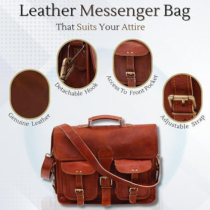 RAJERIYA | Distressed Leather Messenger Bag 18 Inch Vintage Laptop Briefcase Crossbody Shoulder Satchel for Men – Brown