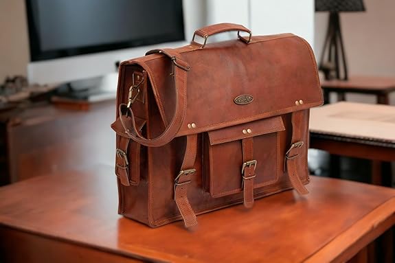 Vintage Leather Laptop Bag for Men Full Grain Large Leather Messenger bag for men with Rustic look Leather briefcase 18 inch