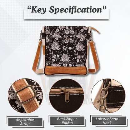 RAJERIYA Bags SEL de MER Upcycled Blossom Print Canvas & Leather Shoulder Bag, Canvas Crossbody Bags for Women (Black)