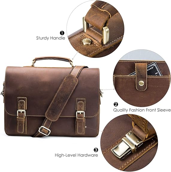 Leather Messenger 15.6 inch Bag Genuine Leather Briefcase for Men Flap over Satchel Leather Messenger Laptop Bag