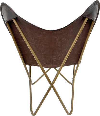 Leather Living Room Chairs-Butterfly Chair Brown Leather Butterfly Chair-Handmade with Powder Coated Folding Iron Frame (Cover with Folding Frame) (Golden Iron Frame)