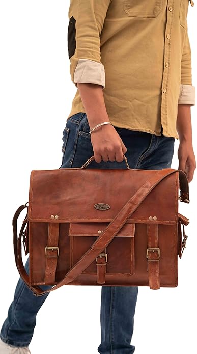 Vintage Leather Laptop Bag for Men Full Grain Large Leather Messenger bag for men with Rustic look Leather briefcase 18 inch